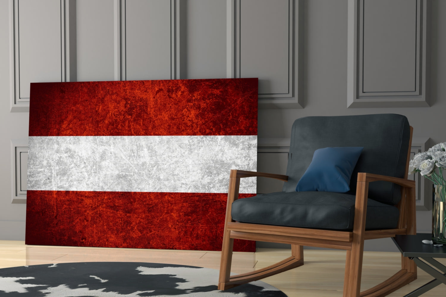 Austrian flag glass wall art displaying red-white-red horizontal stripes displayed in modern living room with wooden chair.