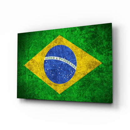 Distressed Grunge Brazil Star Globe Flag Glass Wall Art