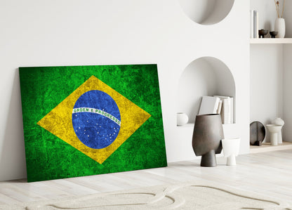 Distressed Grunge Brazil Star Globe Flag Glass Wall Art