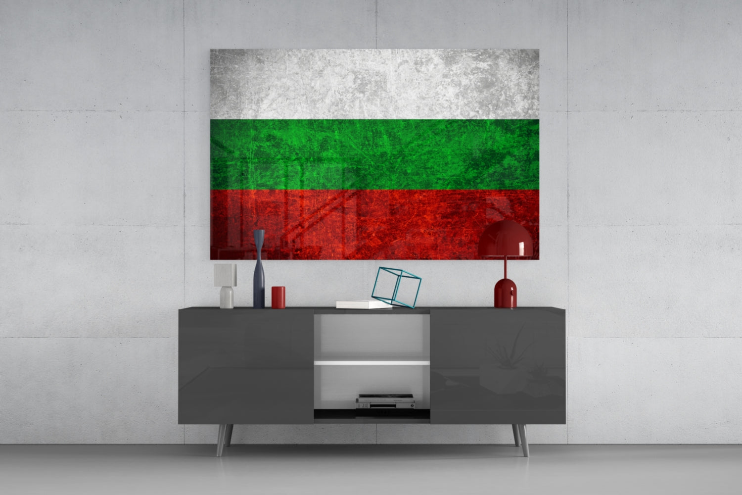 Bulgarian flag glass wall art with white, green, and red horizontal stripes displayed above gray media console in modern interior.