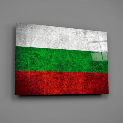 Bulgarian flag glass wall art displayed at an angle, showing white, green, and red horizontal stripes with a textured, weathered surface.