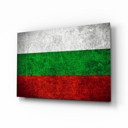 Bulgarian flag glass wall art displayed at an angled perspective, showing white, green, and red horizontal stripes with a textured, distressed finish.