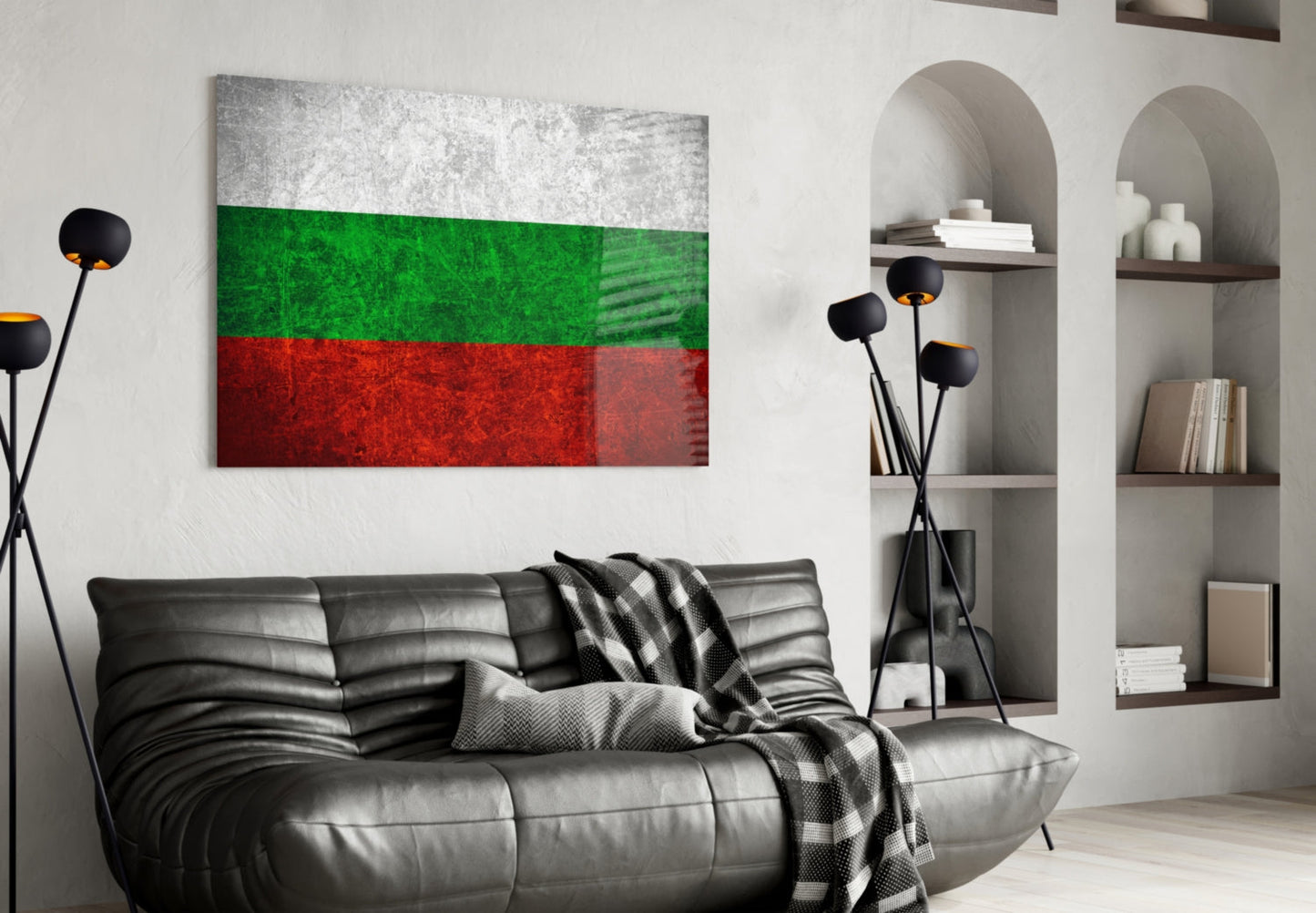 Bulgarian flag glass wall art with white, green, and red horizontal stripes displayed above black leather sofa in modern living room.