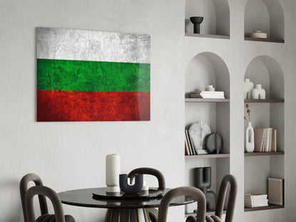 Bulgarian flag glass wall art with white, green, and red horizontal stripes displayed above dining table in modern interior.