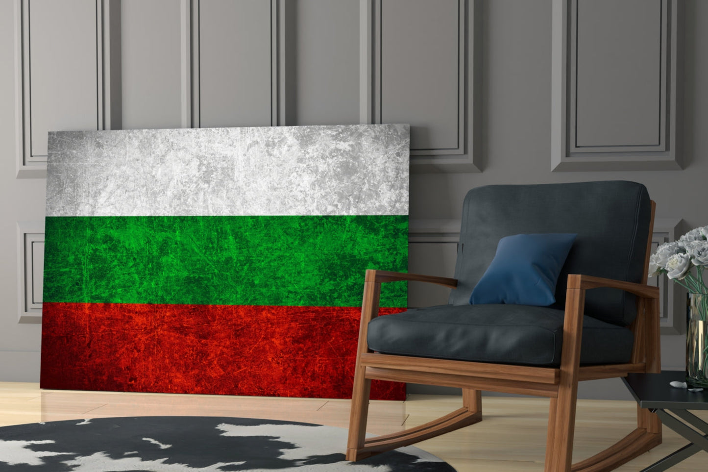 Bulgarian flag glass wall art displaying white, green, and red horizontal stripes displayed in modern living room with wooden chair.