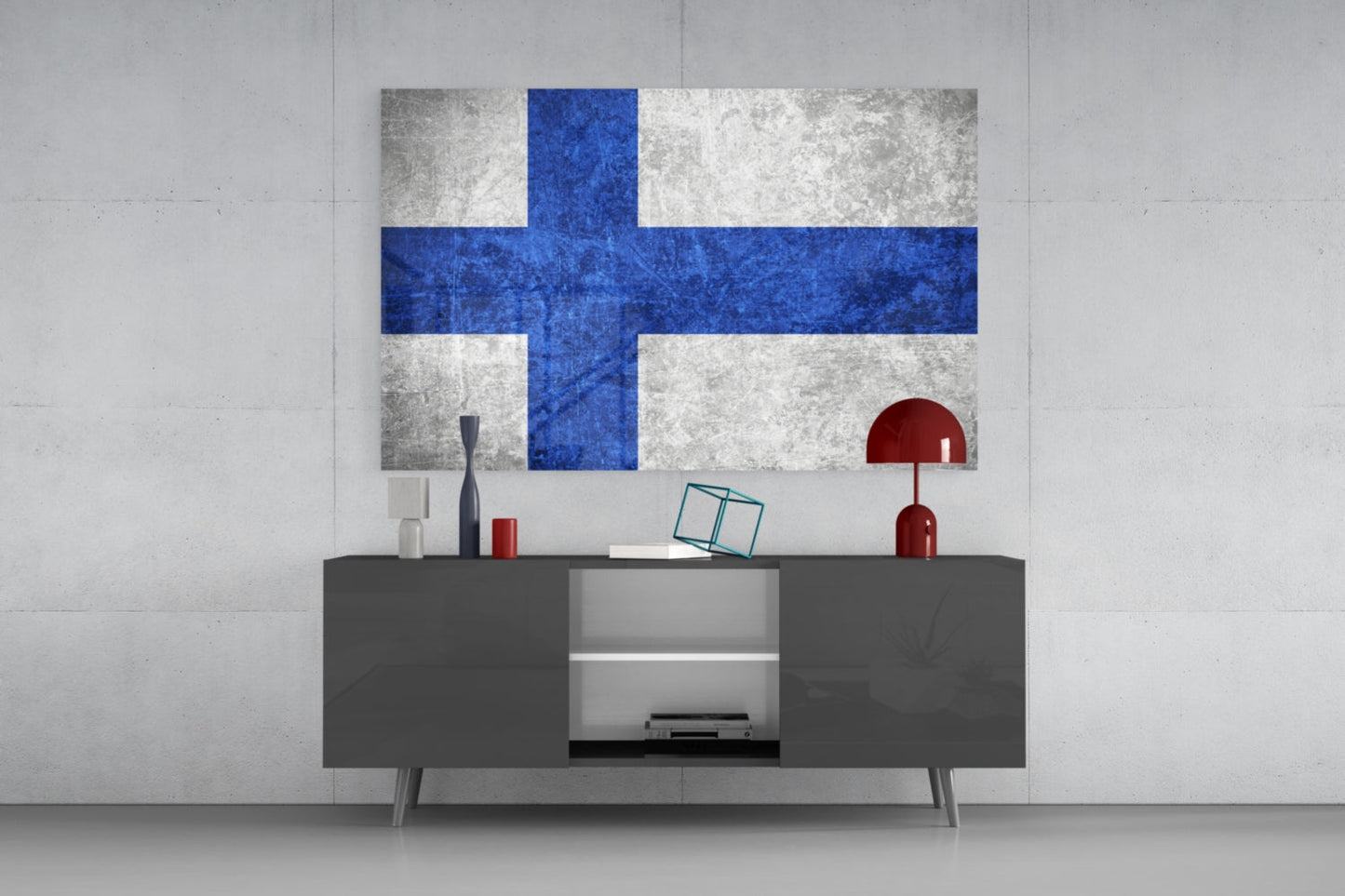 Finland flag glass wall art with blue cross and white quarters displayed above dark gray media console in modern interior setting.