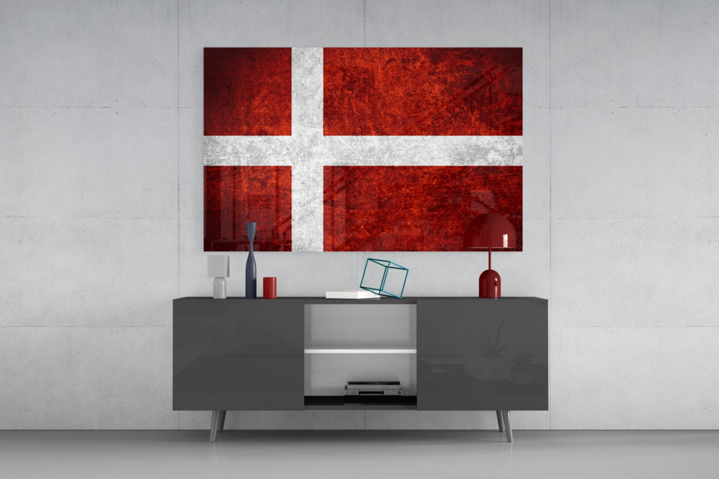 Deep Burgundy Weathered Denmark Cross Flag Glass Wall Art