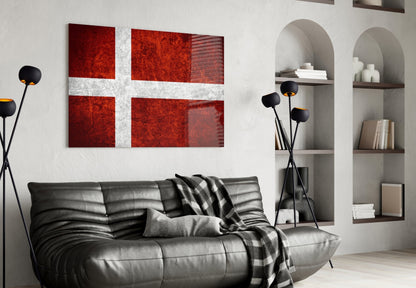 Deep Burgundy Weathered Denmark Cross Flag Glass Wall Art