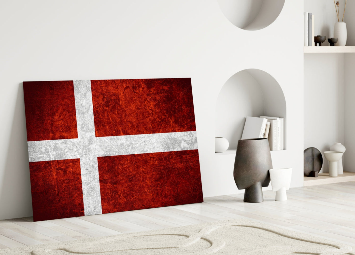 Deep Burgundy Weathered Denmark Cross Flag Glass Wall Art