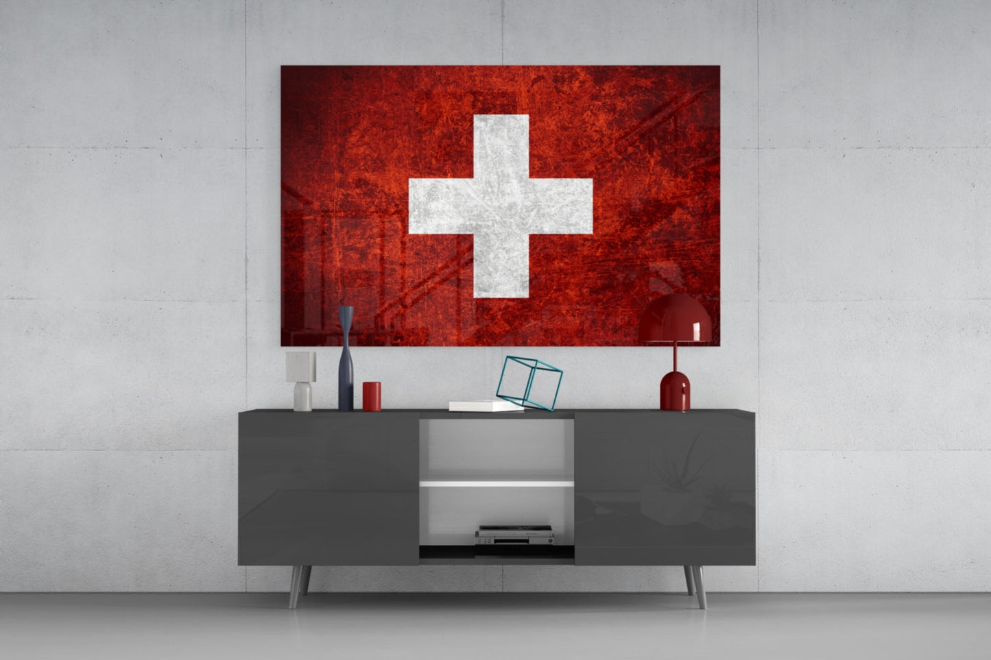Deep Dark Red Weathered Swiss Cross Flag Glass Wall Art