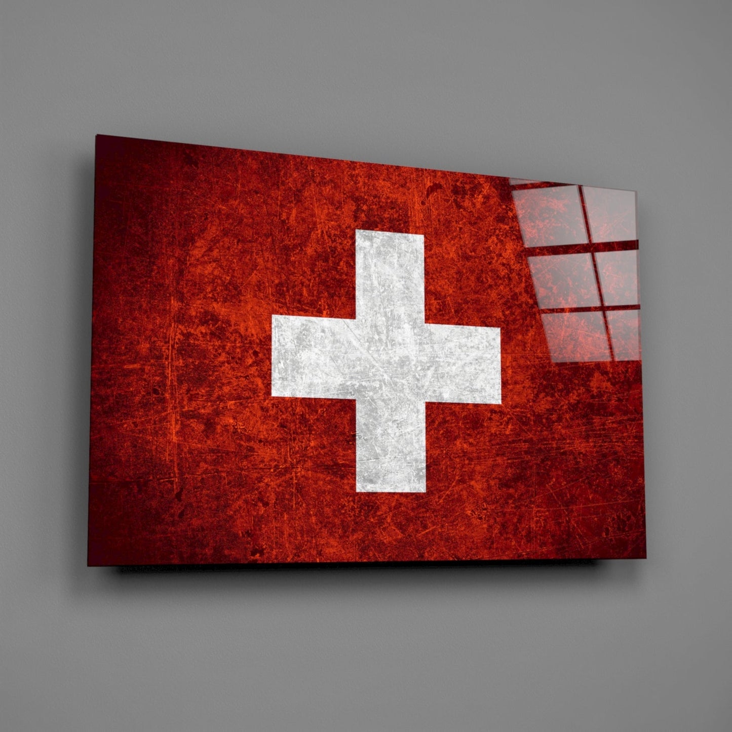 Deep Dark Red Weathered Swiss Cross Flag Glass Wall Art