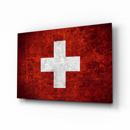 Deep Dark Red Weathered Swiss Cross Flag Glass Wall Art