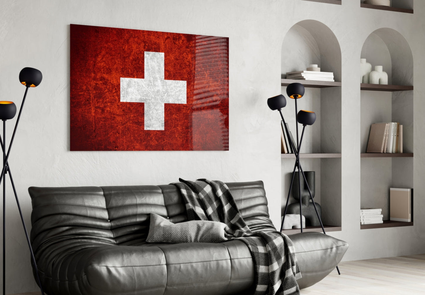 Deep Dark Red Weathered Swiss Cross Flag Glass Wall Art