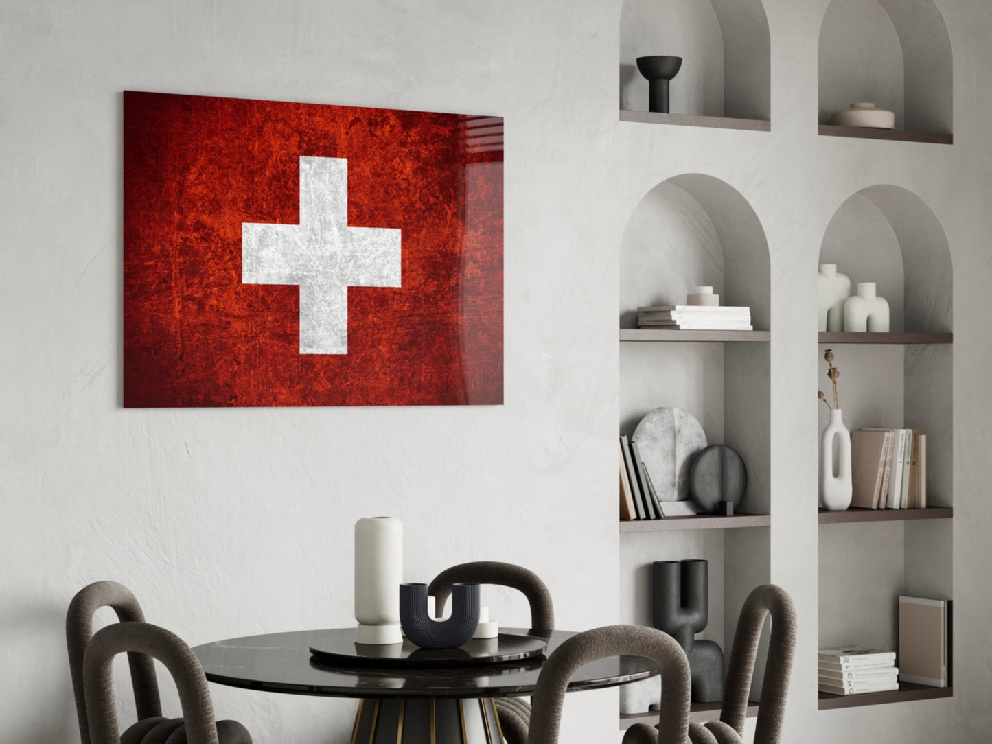 Deep Dark Red Weathered Swiss Cross Flag Glass Wall Art