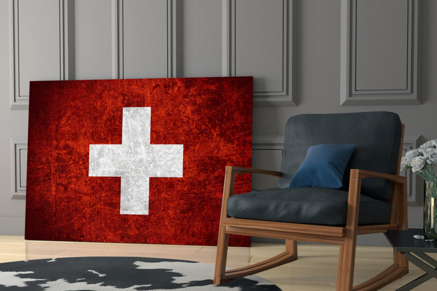 Deep Dark Red Weathered Swiss Cross Flag Glass Wall Art