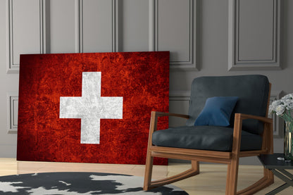 Deep Dark Red Weathered Swiss Cross Flag Glass Wall Art