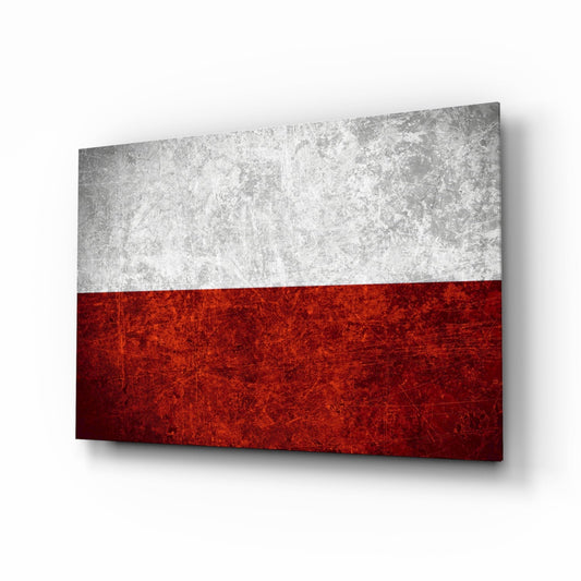 Angled perspective view of a rectangular glass panel featuring Poland's white and red flag with distressed, grunge texturing throughout both color sections.