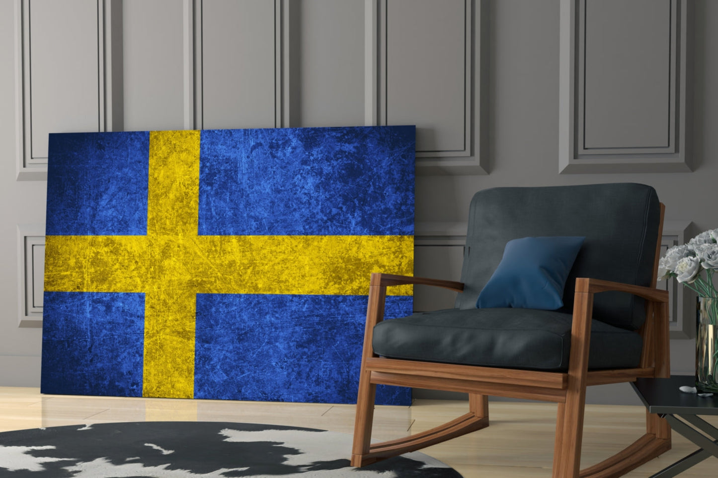 Swedish flag glass wall art with blue and yellow cross displayed in modern living room beside wooden chair.