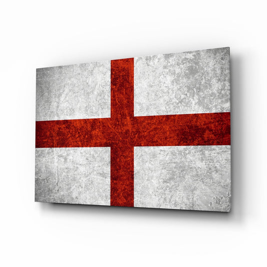 Three-dimensional angled view of a glass wall art panel displaying the England flag with white background and red cross, featuring textured surface detail.