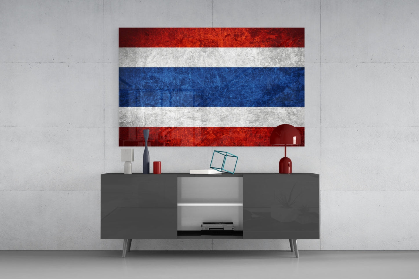 Thai flag glass wall art with red, white, and blue horizontal stripes displayed above gray media console in modern interior.