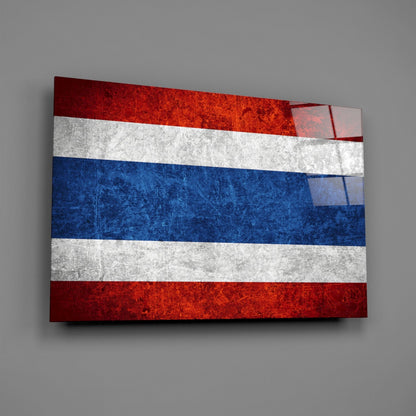 Thai flag glass wall art displayed at an angle showing red, white, and blue horizontal stripes with glossy finish.