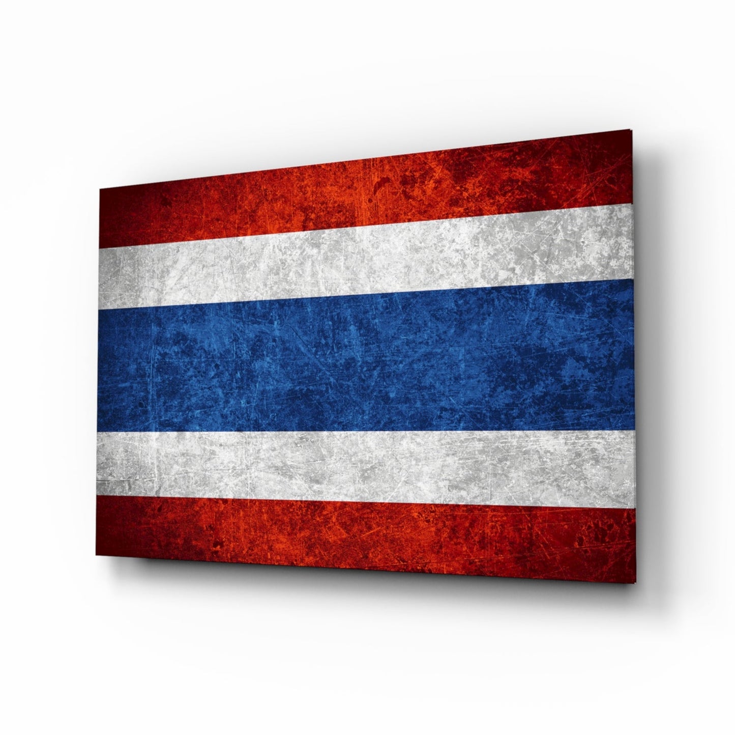 Thai flag glass wall art with horizontal red, white, and blue stripes displayed at an angle against white background.