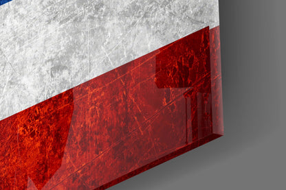 Close-up angled view of Thai flag glass wall art showing white and red textured glass panels with visible surface scratches and reflections.