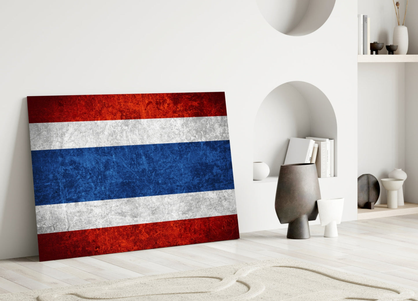 Red, white, and blue horizontal striped glass panel leaning against white wall in minimalist interior setting.