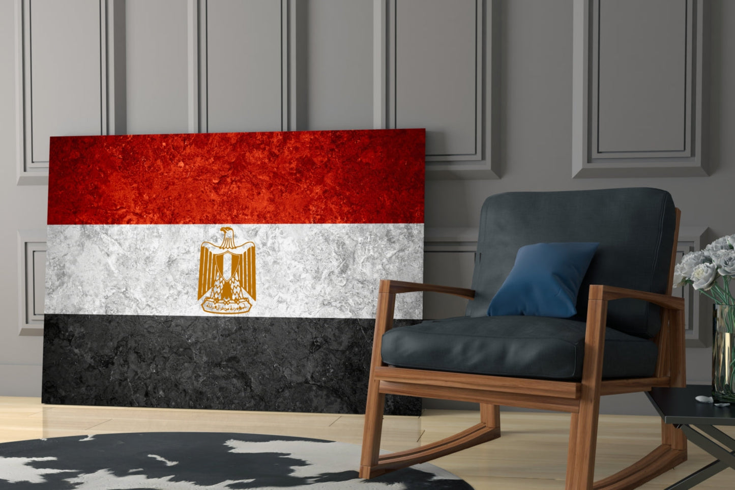 Egyptian flag glass wall art displaying red, white, and black horizontal stripes with gold eagle emblem, displayed in modern room setting.