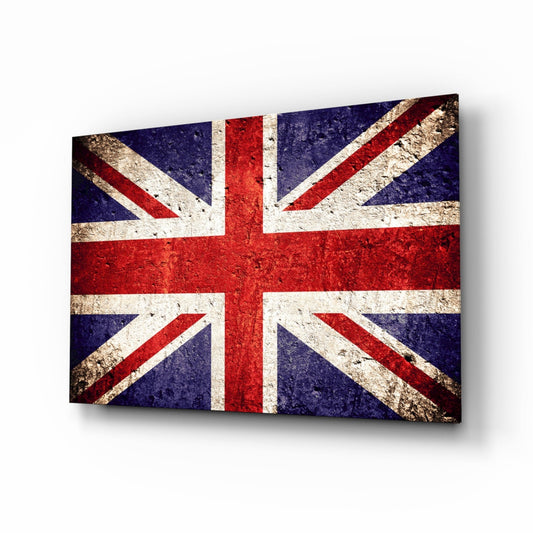 Angled three-quarter view of a rectangular glass panel displaying a distressed Union Jack flag with blue, red, white, and tan weathered textures.