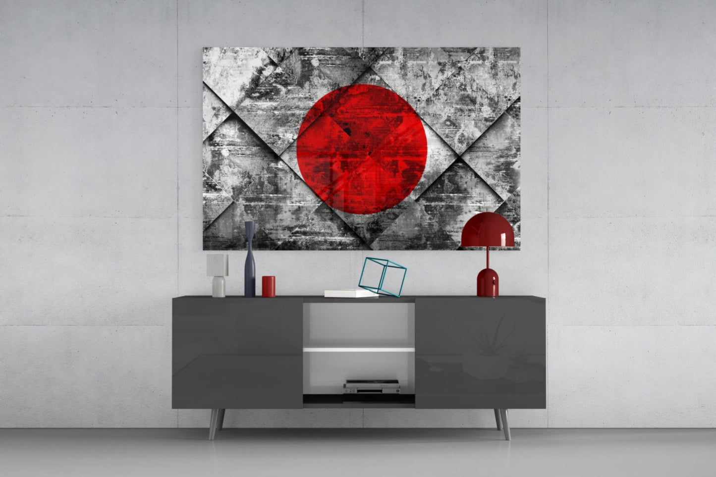Diamond Concrete Red Sun Japan Flag Glass Wall Art