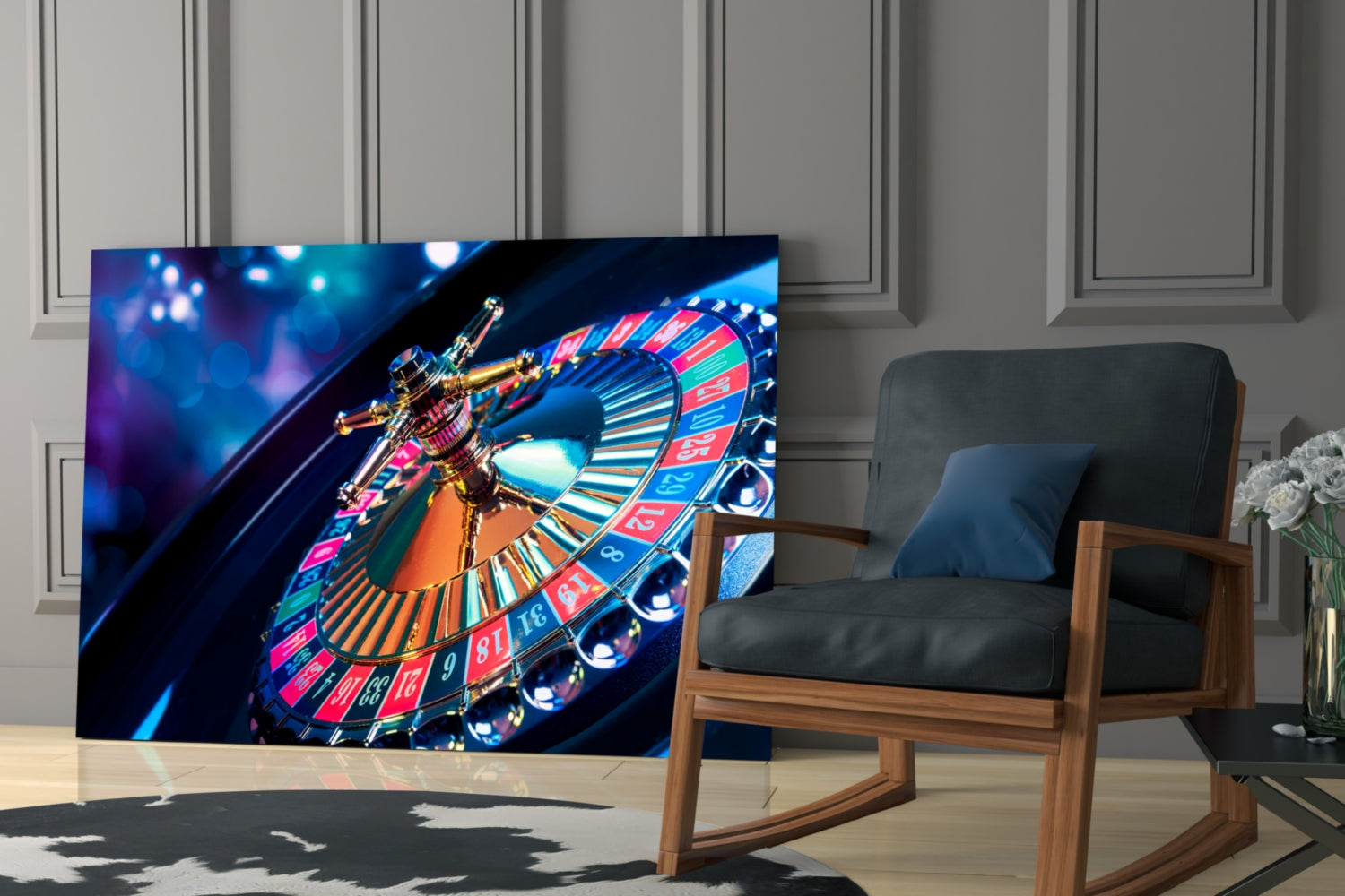 Roulette glass wall art displayed in modern living room showing vibrant neon-lit roulette wheel with colorful numbered sections and golden croupier's rake.
