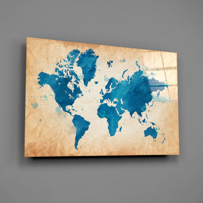 Blue Watercolor World Map Kraft Glass Wall Art