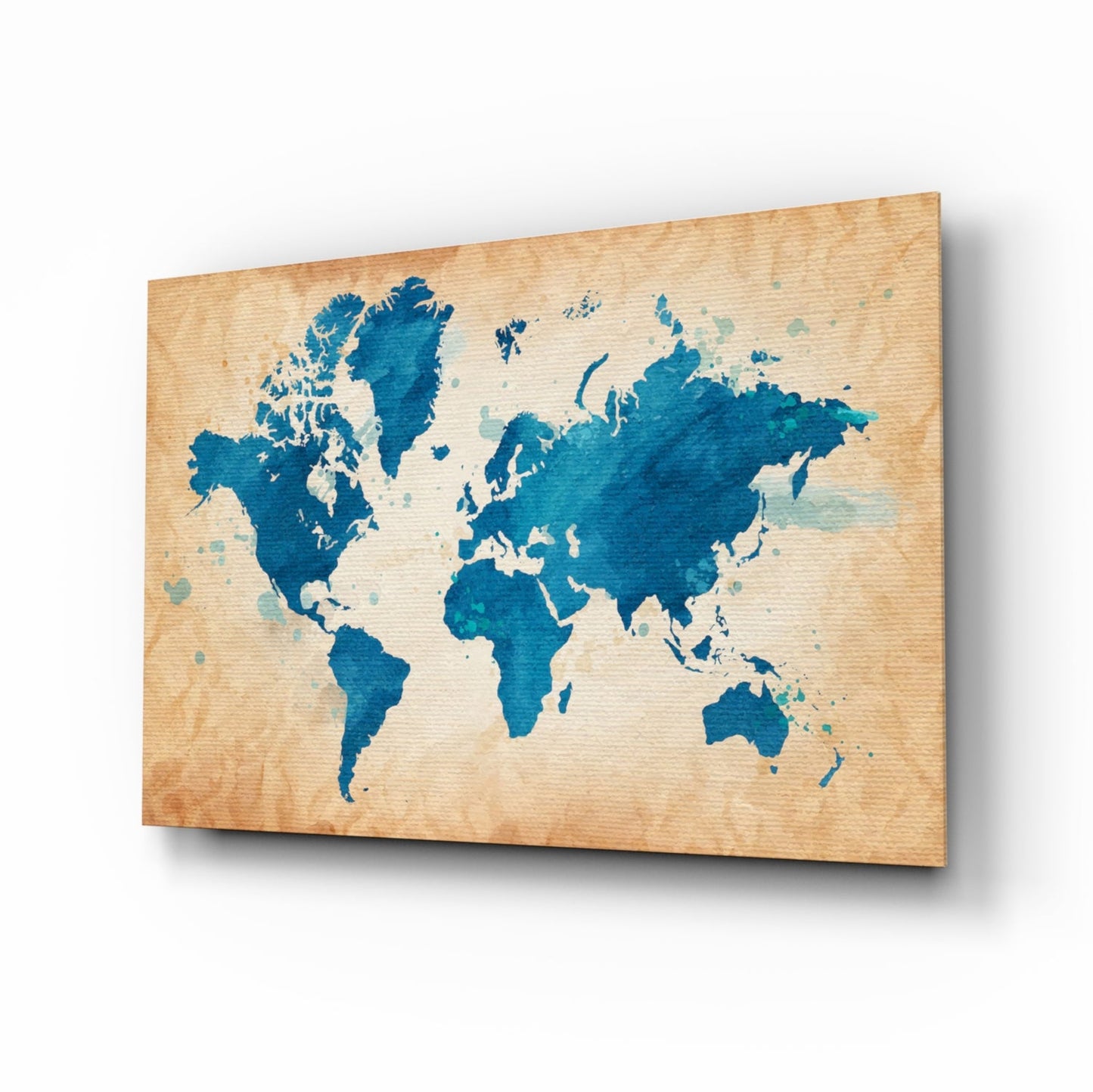 Blue Watercolor World Map Kraft Glass Wall Art