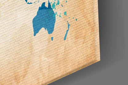 Blue Watercolor World Map Kraft Glass Wall Art