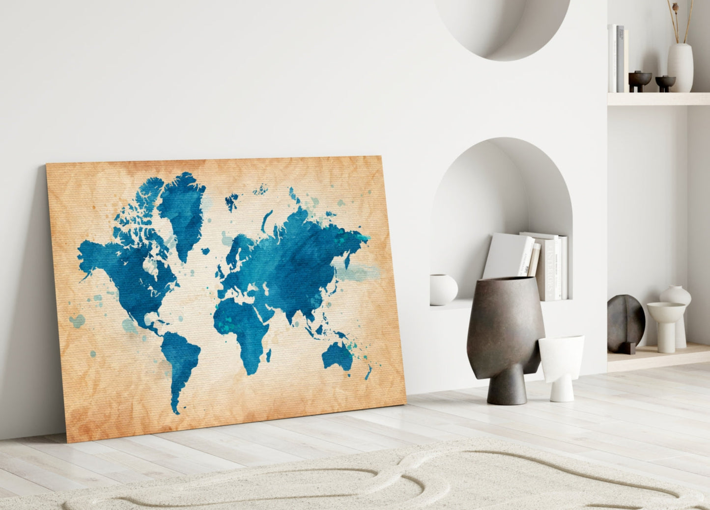 Blue Watercolor World Map Kraft Glass Wall Art
