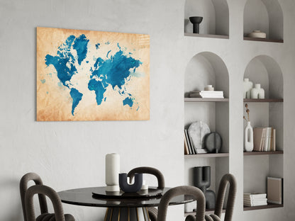 Blue Watercolor World Map Kraft Glass Wall Art