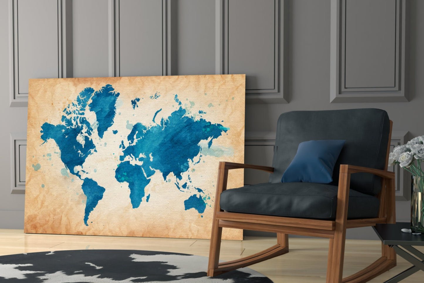 Blue Watercolor World Map Kraft Glass Wall Art