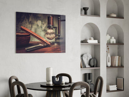 Vintage Shave Glass Wall Art displayed above a round black dining table with gray chairs in a modern interior with white shelving.