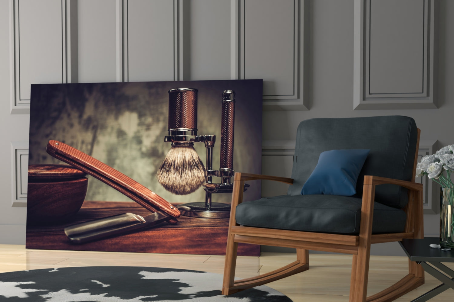 Vintage Shave Glass Wall Art displayed in modern living room with wooden chair, showing shaving brush and razors on warm wood tones.