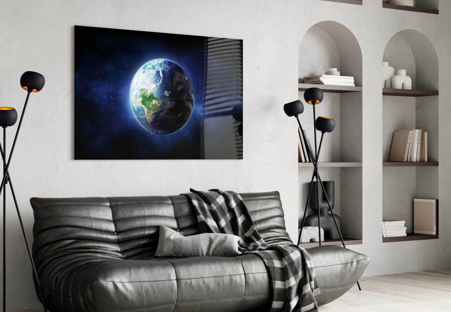 Half Lit Earth in Starry Blue Nebula Glass Wall Art