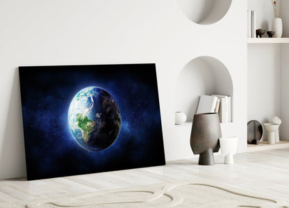 Half Lit Earth in Starry Blue Nebula Glass Wall Art