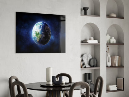 Half Lit Earth in Starry Blue Nebula Glass Wall Art