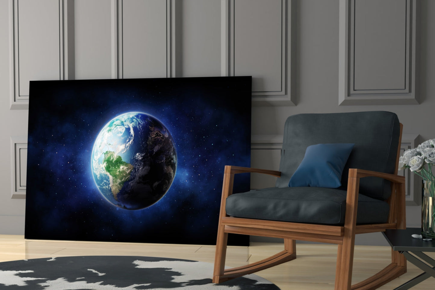 Half Lit Earth in Starry Blue Nebula Glass Wall Art