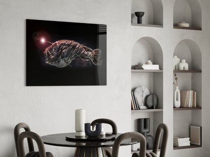 Deepsea fish glass wall art mounted above black dining table, featuring glowing fish against dark background with red light source.