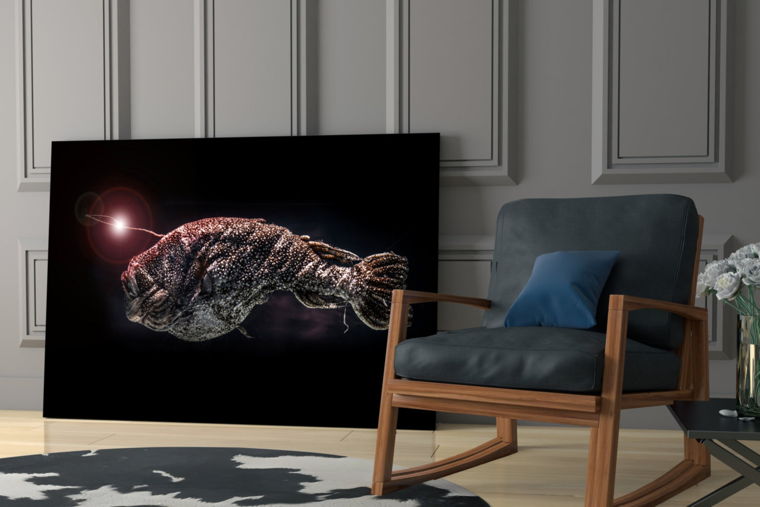 Deepsea fish glass wall art displaying a glowing bioluminescent fish against black background, mounted in modern living room setting.