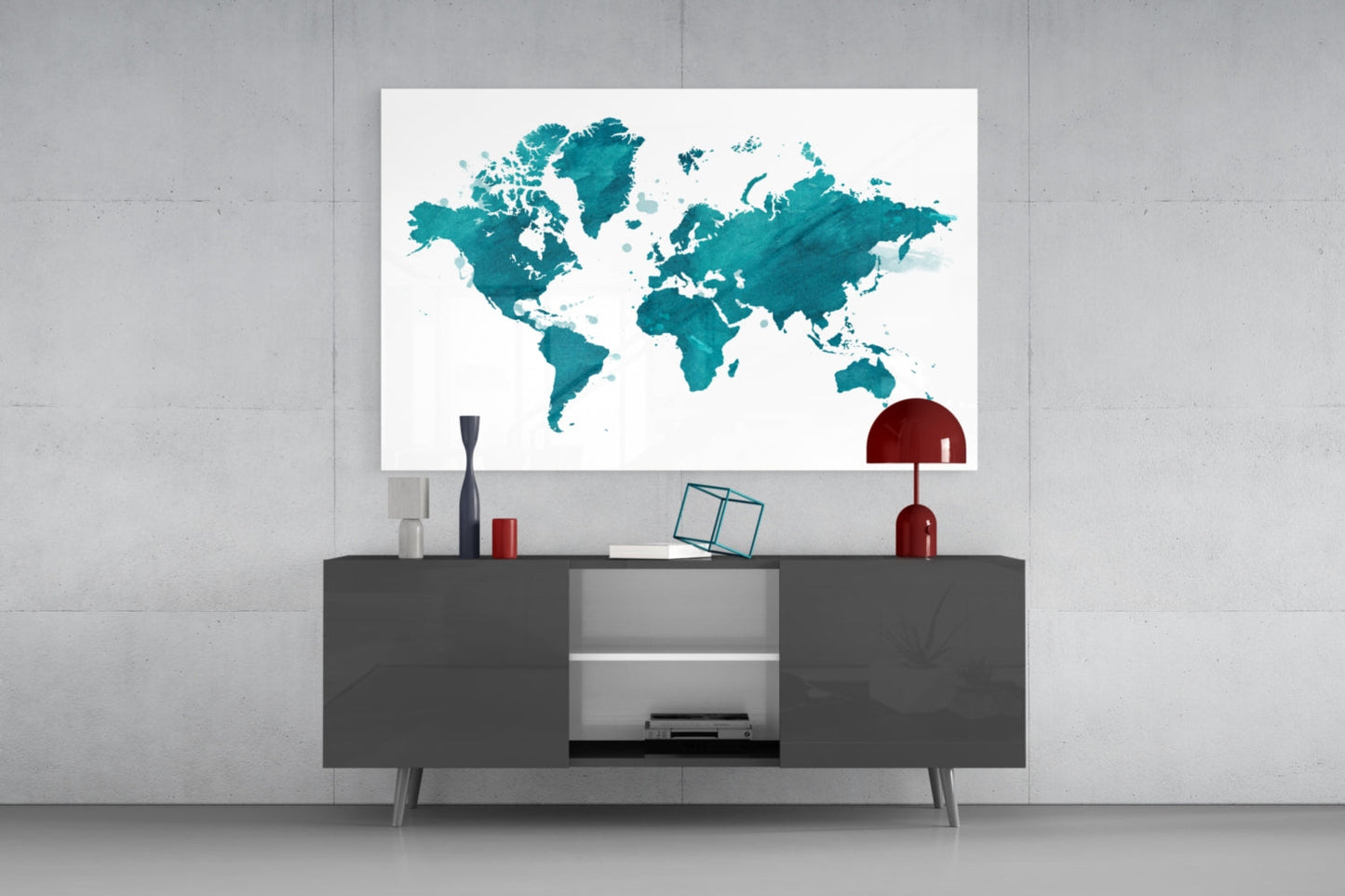 Teal Watercolor World Map Glass Wall Art