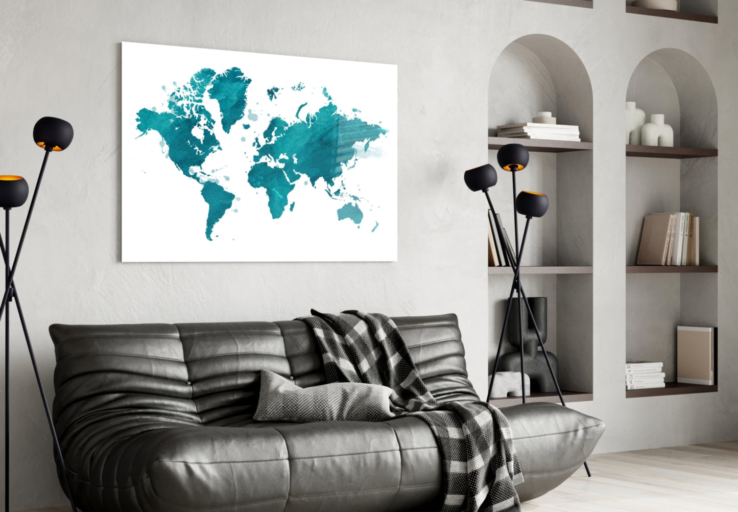 Teal Watercolor World Map Glass Wall Art