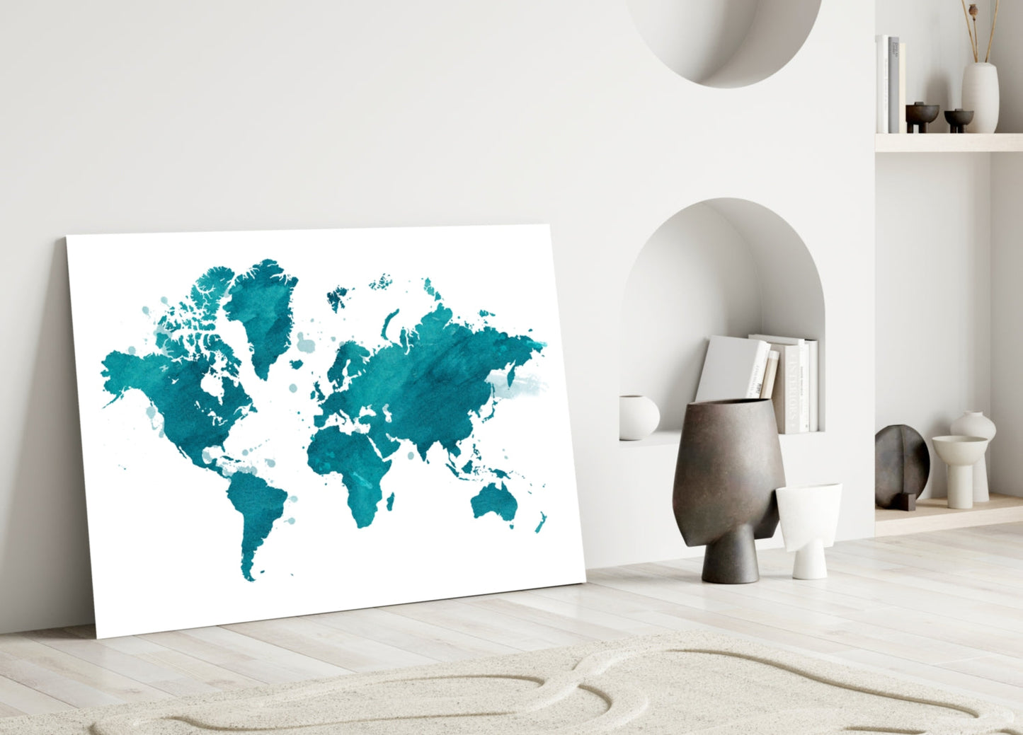 Teal Watercolor World Map Glass Wall Art