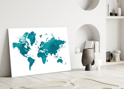 Teal Watercolor World Map Glass Wall Art